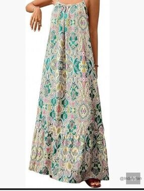 Boho Geo A-Line Maxi Dress Backless Flowy Summer Vacation.